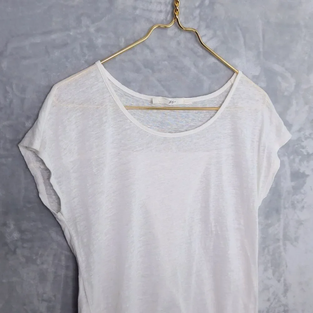GIBSON Sheer White Linen Tee Size S Split-Back Beachy Lightweight Dolman Scoop